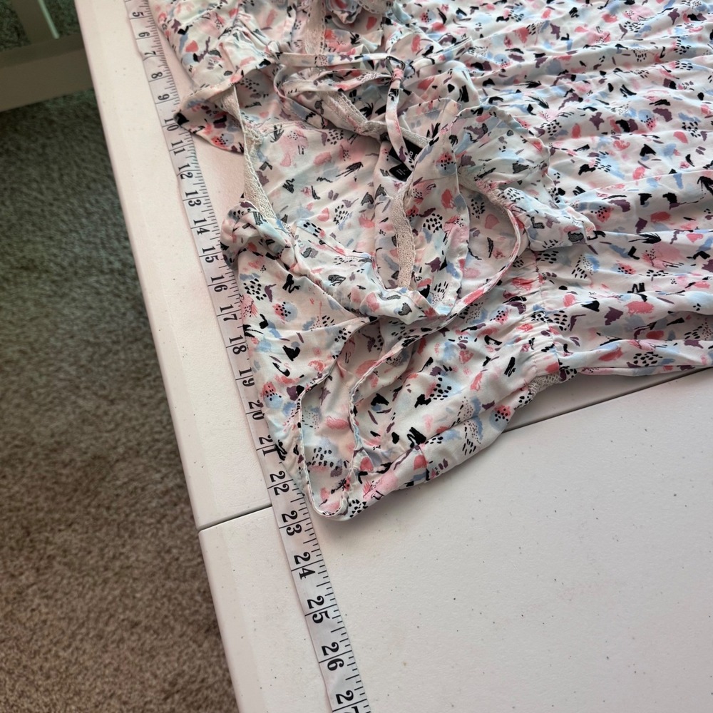 Abstract Print Y2K Ruffle Lace Trim Babydoll Empire Waist Top Pink 2 - Picture 10 of 14
